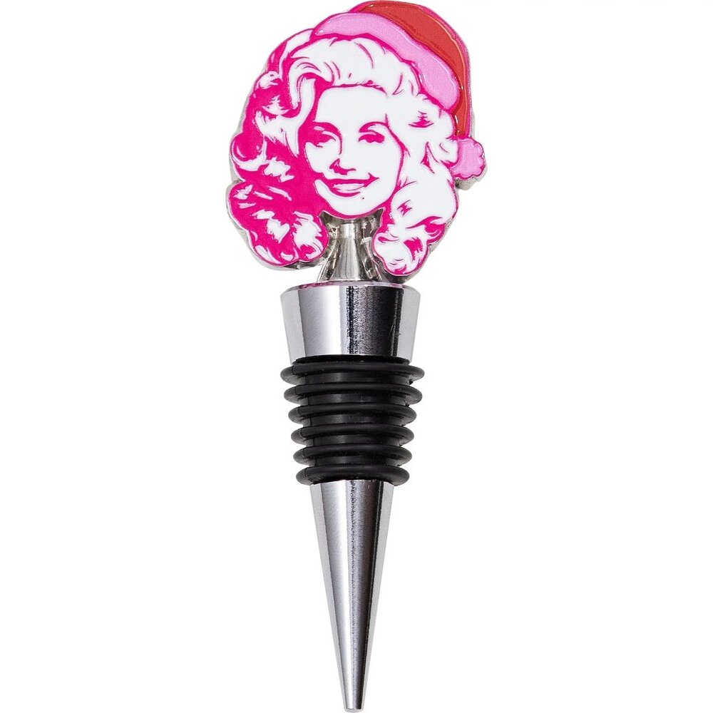 Dolly Parton Christmas Face Wine Bottle Stopper Red Pink 4.5” Stainless New